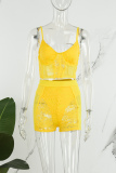 Yellow Sexy Solid Patchwork See-through Backless Spaghetti Strap Sleeveless Two Pieces