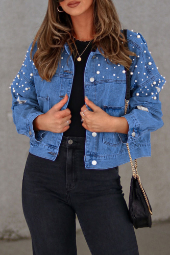 Blue Casual Solid Beading Turndown Collar Long Sleeve Denim Jacket