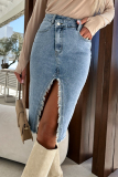 The cowboy blue Street Solid Make Old Slit Asymmetrical Regular Denim Skirts