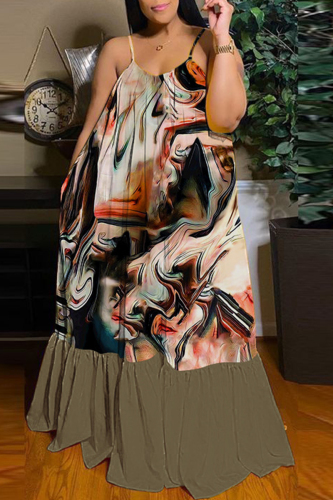 Army Green Sexy Casual Print Backless Spaghetti Strap Long Dress Dresses