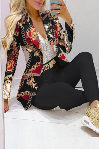 Red Casual Print Patchwork Turn-back Collar Long Sleeve Two Pieces