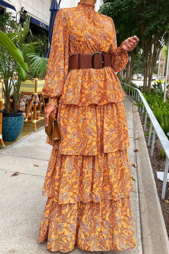 Yellow Work Print Printing Half A Turtleneck Long Sleeve Dresses