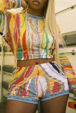 Rainbow Color Casual Color Block Patchwork Printing Contrast O Neck Long Sleeve Two Pieces