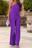 Pink Casual Solid Asymmetrical Oblique Collar Loose Jumpsuits