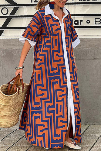 Orange Casual Geometric Printing Turndown Collar Shirt Dress Dresses