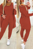 Rose Red Casual Solid Basic O Neck Long Sleeve Three Piece Set