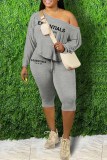 Grey Sexy Print Letter Oblique Collar Long Sleeve Two Pieces