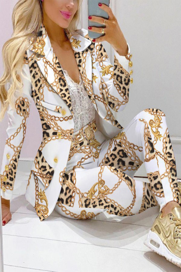 White Casual Print Patchwork Turn-back Collar Long Sleeve Two Pieces
