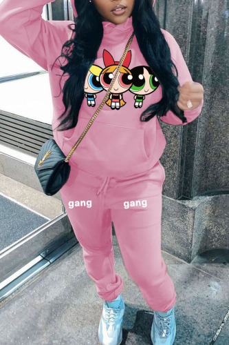 Pink Casual Street Print Patchwork Hooded Collar Long Sleeve Two Pieces