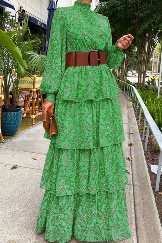 Green Work Print Printing Half A Turtleneck Long Sleeve Dresses