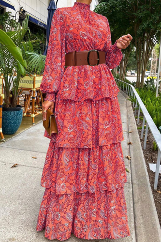 Red Work Print Printing Half A Turtleneck Long Sleeve Dresses