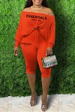 Orange Sexy Print Letter Oblique Collar Long Sleeve Two Pieces