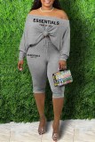 Grey Sexy Print Letter Oblique Collar Long Sleeve Two Pieces