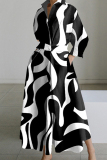 Black White Casual Print Solid Patchwork V Neck Long Dress Dresses