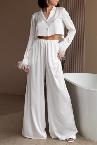 White Elegant Solid Buttons Feathers Turn-back Collar Long Sleeve Two Pieces