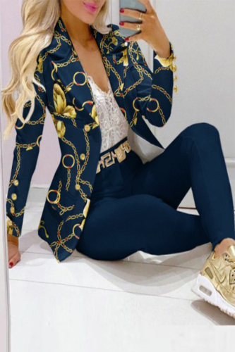 Blue Casual Print Patchwork Turn-back Collar Long Sleeve Two Pieces
