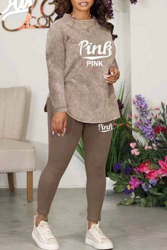 Dark Gray Street Print Letter O Neck Long Sleeve Two Pieces
