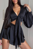 Black Sexy Solid Frenulum V Neck Long Sleeve Two Pieces