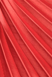 Red Casual Solid Hollowed Out Backless Pleated Oblique Collar Long Dress Dresses