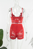 Red Sexy Solid Patchwork See-through Backless Spaghetti Strap Sleeveless Two Pieces