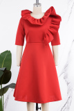 Red Elegant Solid Flounce Fold Zipper O Neck A Line Dresses