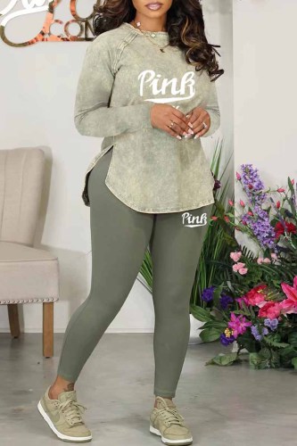 Green Street Print Letter O Neck Long Sleeve Two Pieces