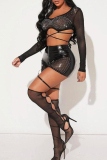 Black Sexy Daily Party Elegant Patchwork Patchwork Cross Straps Hot Drill O Neck Long Sleeve Two Pieces