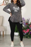 Dark Gray Street Print Letter O Neck Long Sleeve Two Pieces