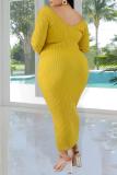 Yellow Fashion Casual Solid Basic V Neck Long Sleeve Plus Size Dresses