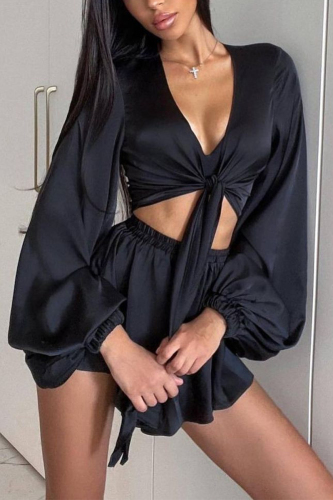 Black Sexy Solid Frenulum V Neck Long Sleeve Two Pieces