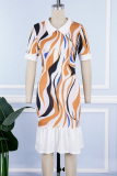 Multicolor Casual Print Patchwork Turndown Collar Short Sleeve Dress