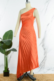 Pink Casual Solid Hollowed Out Backless Pleated Oblique Collar Long Dress Dresses