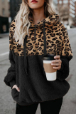 Black Casual Leopard Pocket Hooded Collar Tops