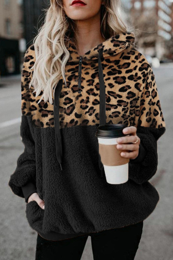 Black Casual Leopard Pocket Hooded Collar Tops