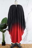 Black Red Casual Gradual Change Print Pleated O Neck Long Dress Dresses
