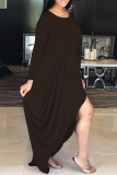 Brown Fashion Casual Solid Asymmetrical O Neck Long Sleeve Dresses