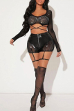 Black Sexy Daily Party Elegant Patchwork Patchwork Cross Straps Hot Drill O Neck Long Sleeve Two Pieces