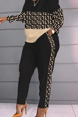 Black Casual Plaid Geometric Striped Patchwork Pocket Printing O Neck Long Sleeve Two Pieces