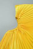 Orange Casual Solid Hollowed Out Backless Pleated Oblique Collar Long Dress Dresses