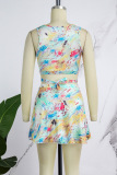 Multicolor Print Basic V Neck Sleeveless Two Pieces