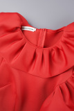 Red Elegant Solid Flounce Fold Zipper O Neck A Line Dresses