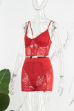 Red Sexy Solid Patchwork See-through Backless Spaghetti Strap Sleeveless Two Pieces