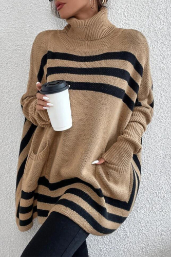 Khaki Street Striped Patchwork Pocket Turtleneck Tops