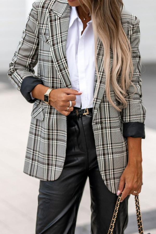 Grey British Style Plaid Patchwork Turn-back Collar Outerwear