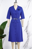 Royal Blue Elegant Solid Patchwork Buckle V Neck A Line Dresses(With a belt)