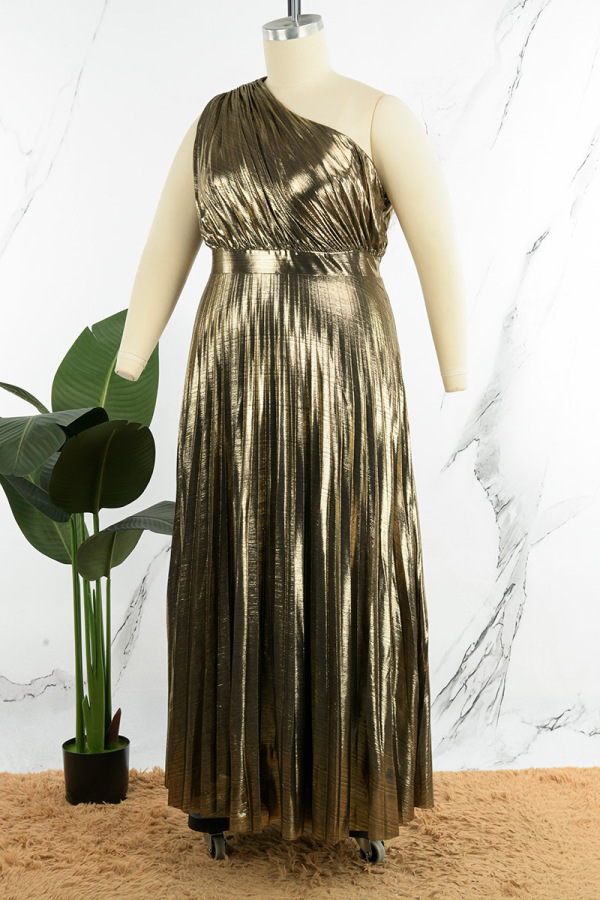 Single Shoulder Knee-length Chiffon Dresses Gold Plus Size