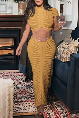 Yellow Sexy Solid Patchwork See-through O Neck Short Sleeve Two Pieces