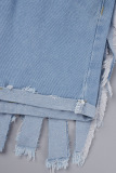 Light Blue Sexy Casual Street Solid Tassel Patchwork Pocket High Waist Straight Denim Shorts