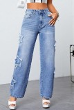 Blue Casual Solid Patchwork High Waist Straight Denim Jeans