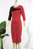 Watermelon Red Elegant Solid Color Block Patchwork Contrast Zipper O Neck Wrapped Skirt Dresses